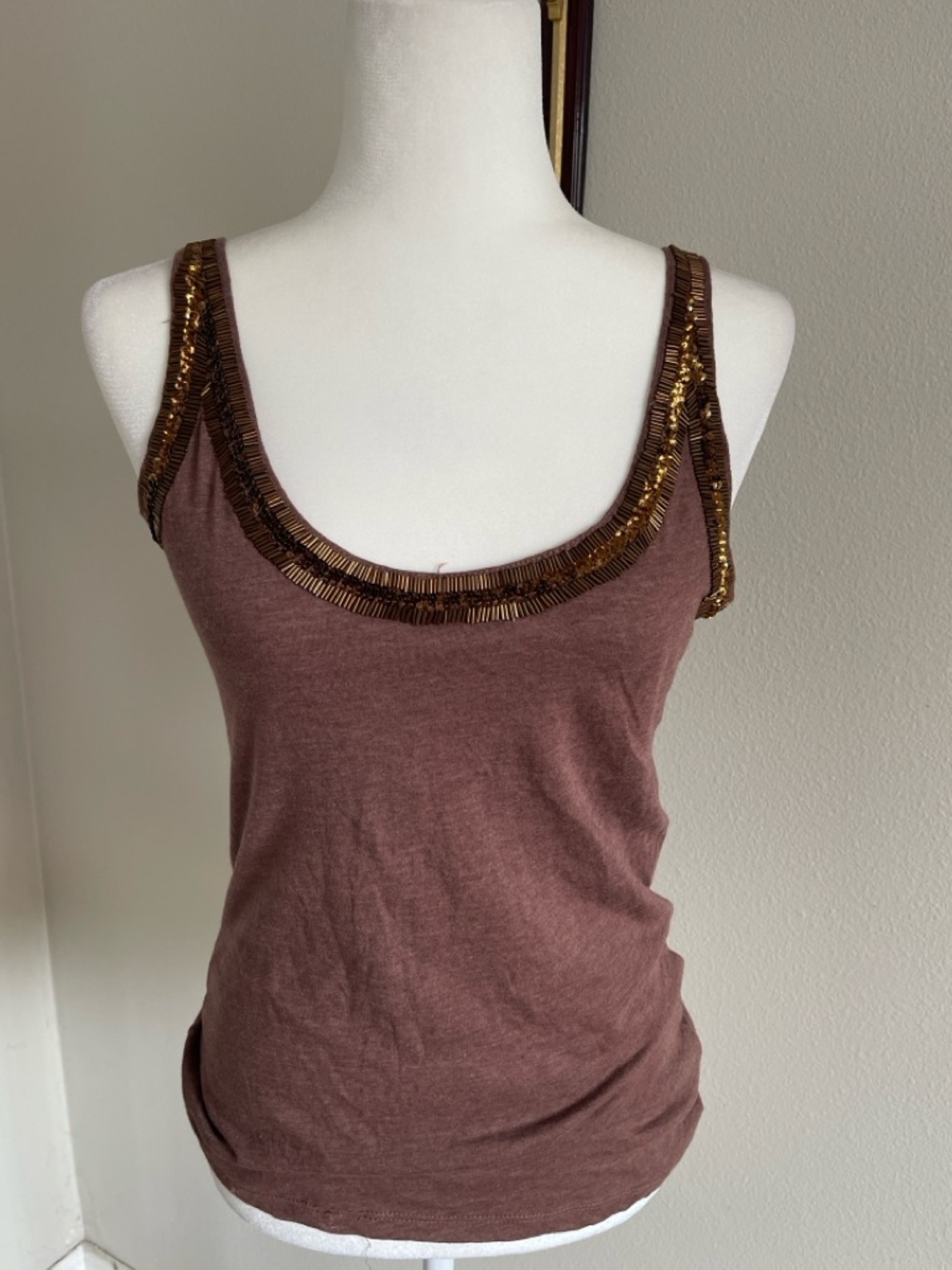 Threads 4 Thought Mauve Brown Tank with Gold Beaded Trim Size M